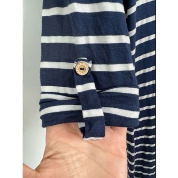Loila Navy Blue White Striped Roll Tab Sleeve Crew Neck Lace Hem Dress M - Picture 5 of 12